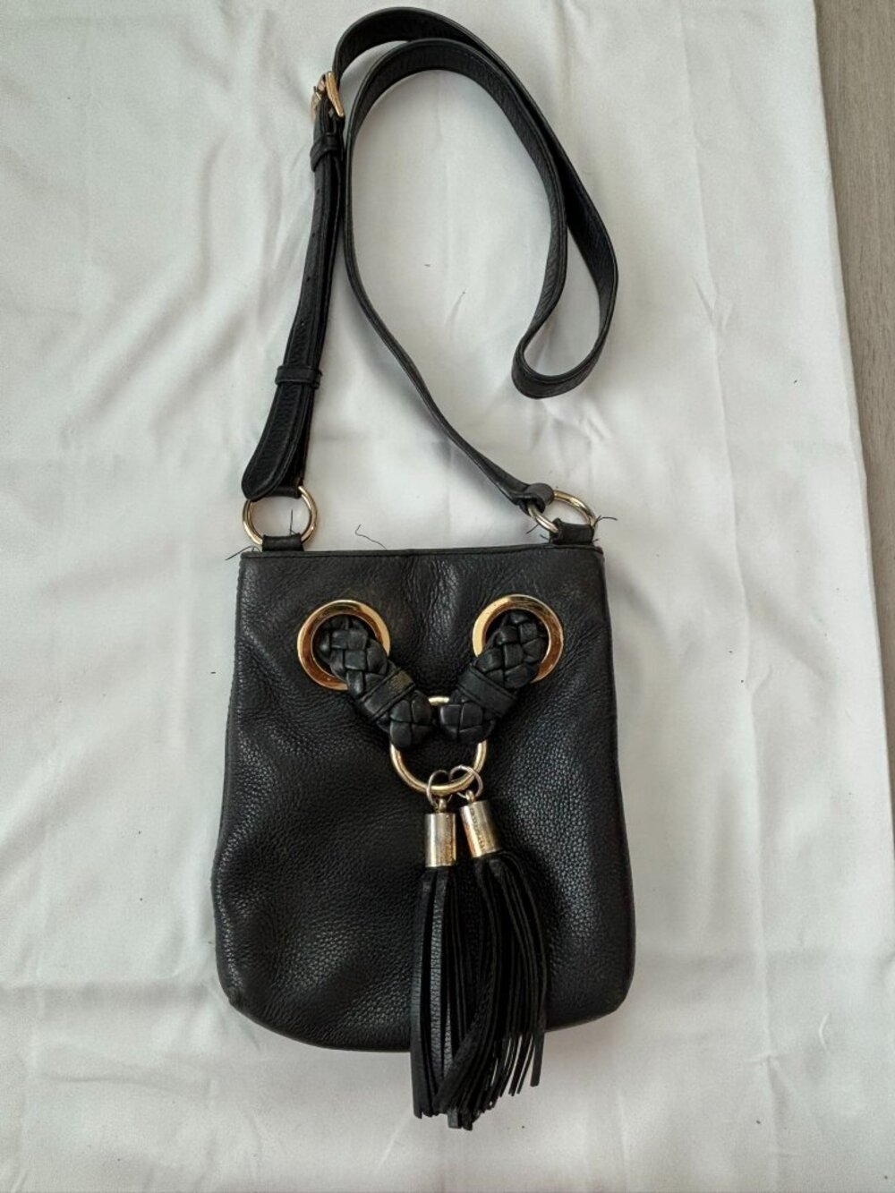Michael Kors Black Leather Braided Tassel Shoulder Bag